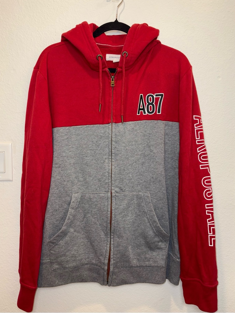 Aeropostale A87 Red & Gray Full-Zip Men’s Hooded Sweatshirt Jacket